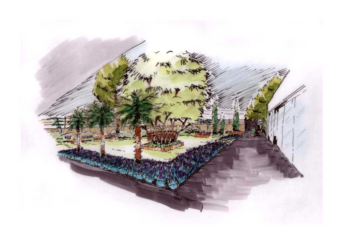Gartenplanung: Atrium in rot und violett