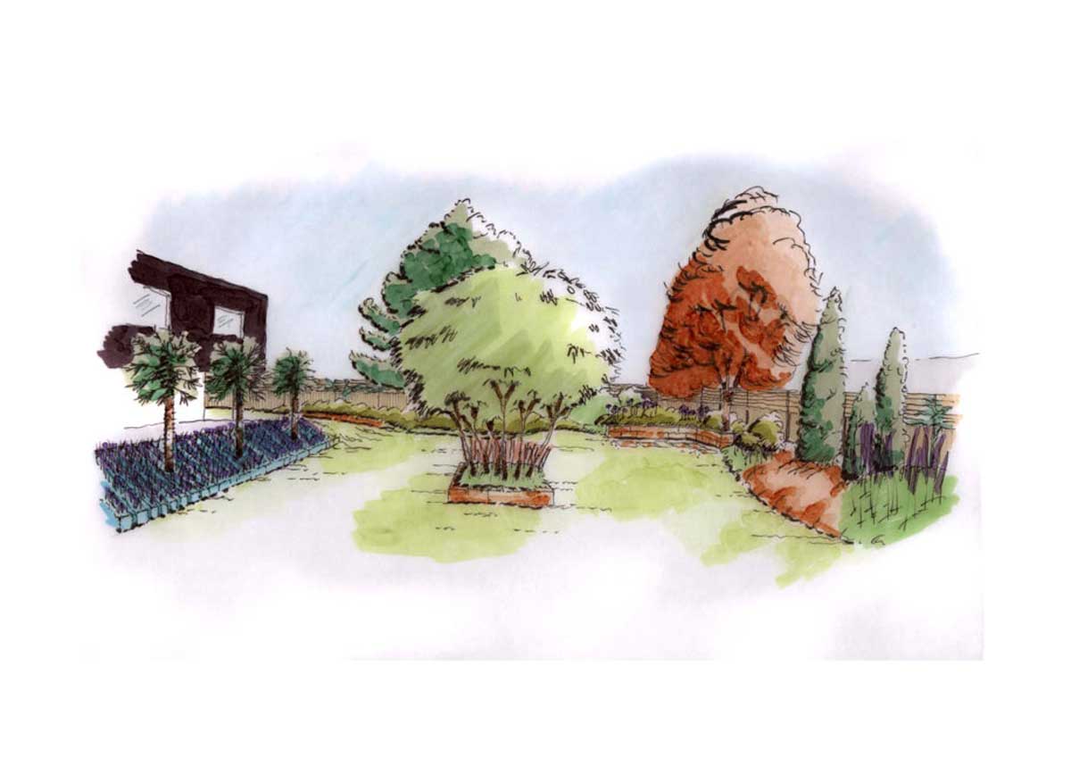 Gartenplanung: Atrium in rot und violett