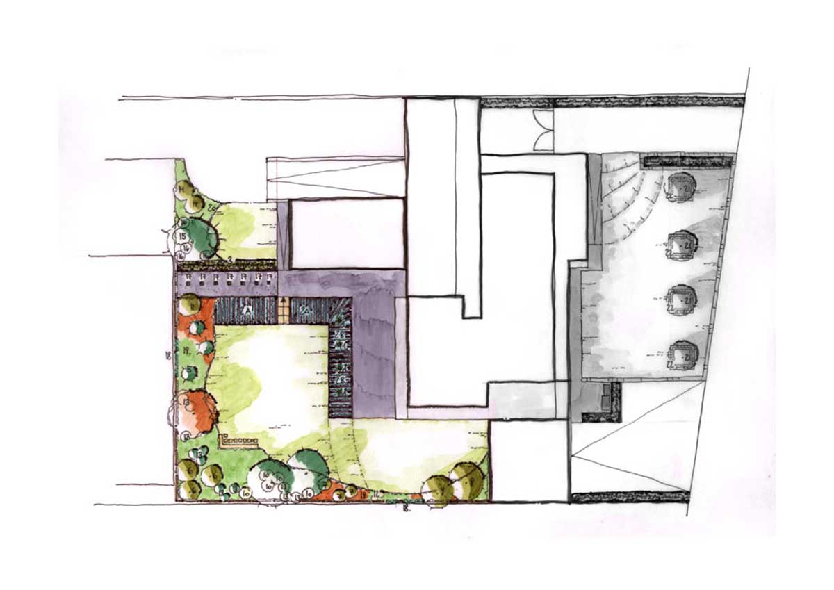 Gartenplanung: Atrium in rot und violett